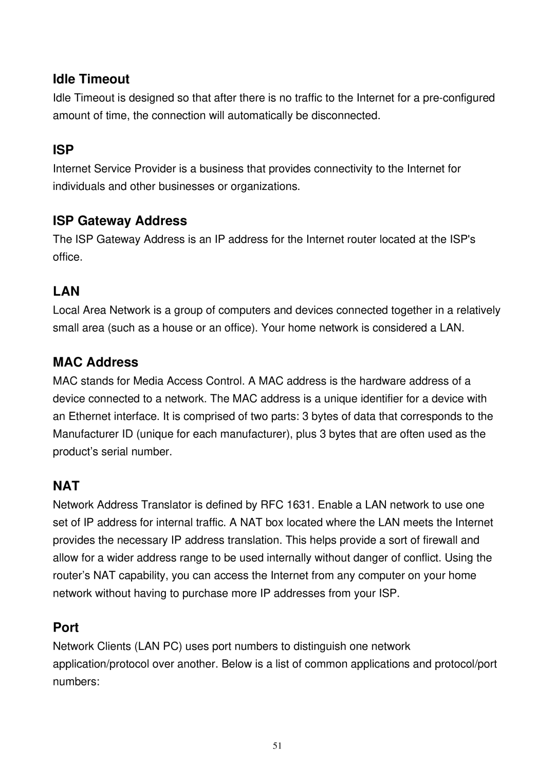 MicroNet Technology SP3367N user manual Idle Timeout, ISP Gateway Address, MAC Address, Port 