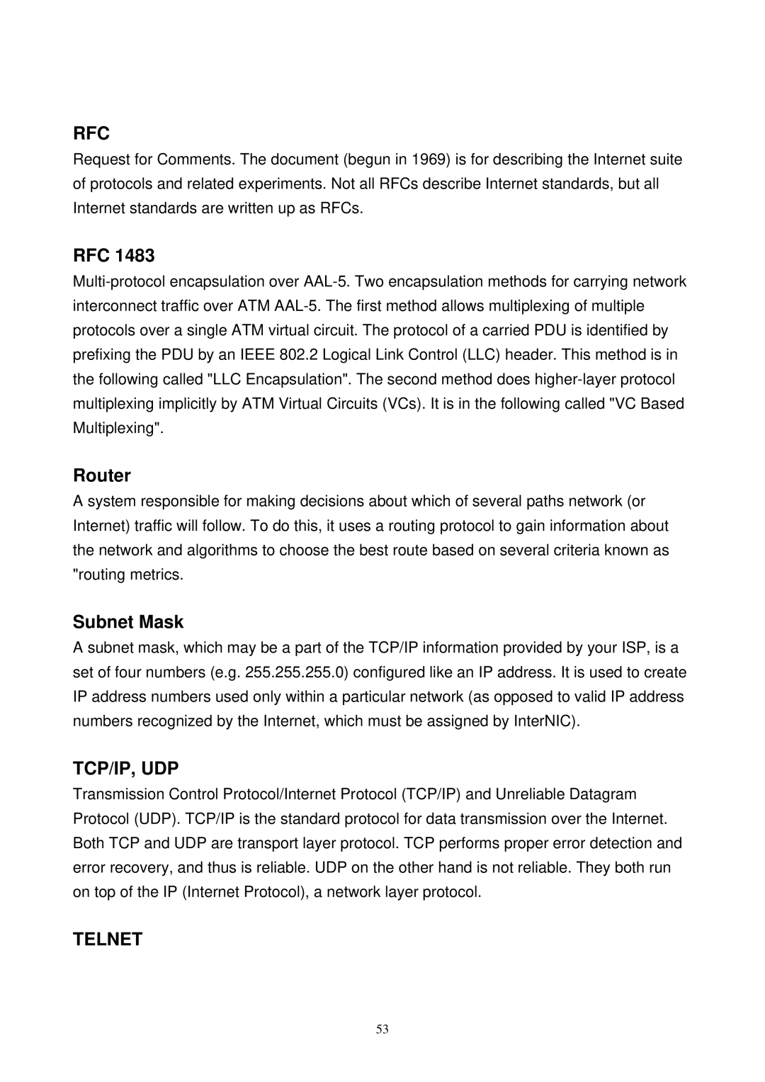 MicroNet Technology SP3367N user manual Rfc, Router, Subnet Mask 