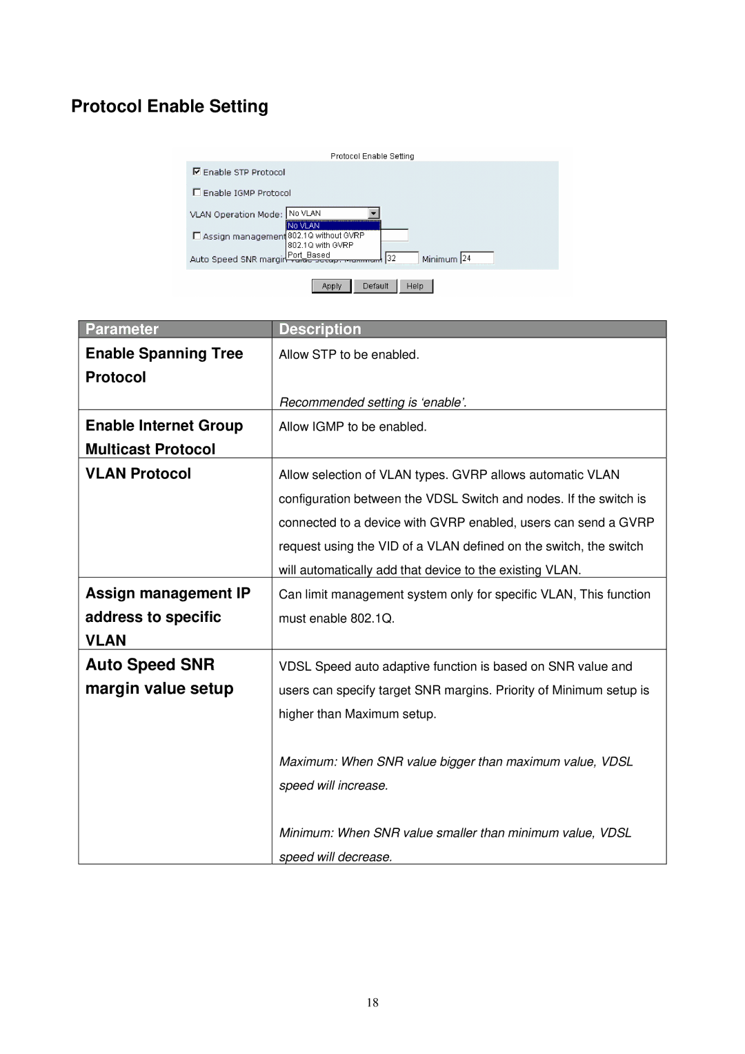 MicroNet Technology SP3508A manual Enable Spanning Tree, Enable Internet Group, Multicast Protocol Vlan Protocol 