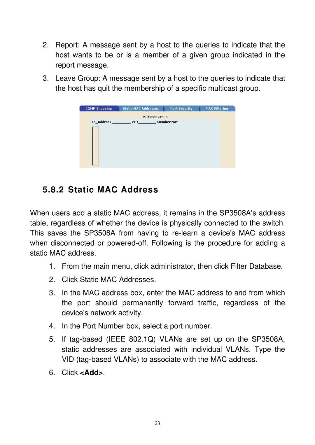 MicroNet Technology SP3508A manual Static MAC Address 