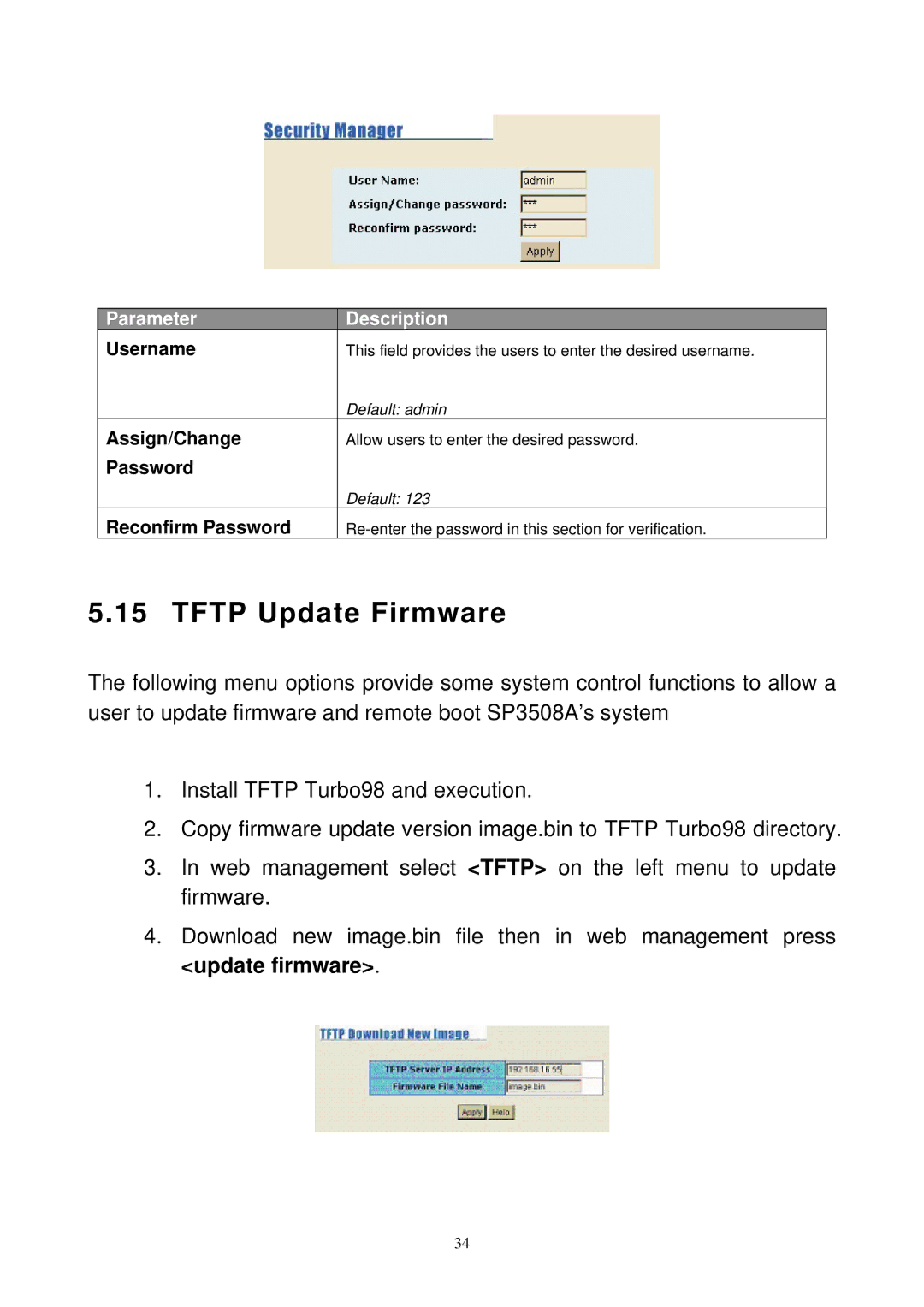 MicroNet Technology SP3508A manual Tftp Update Firmware, Username, Assign/Change, Reconfirm Password 