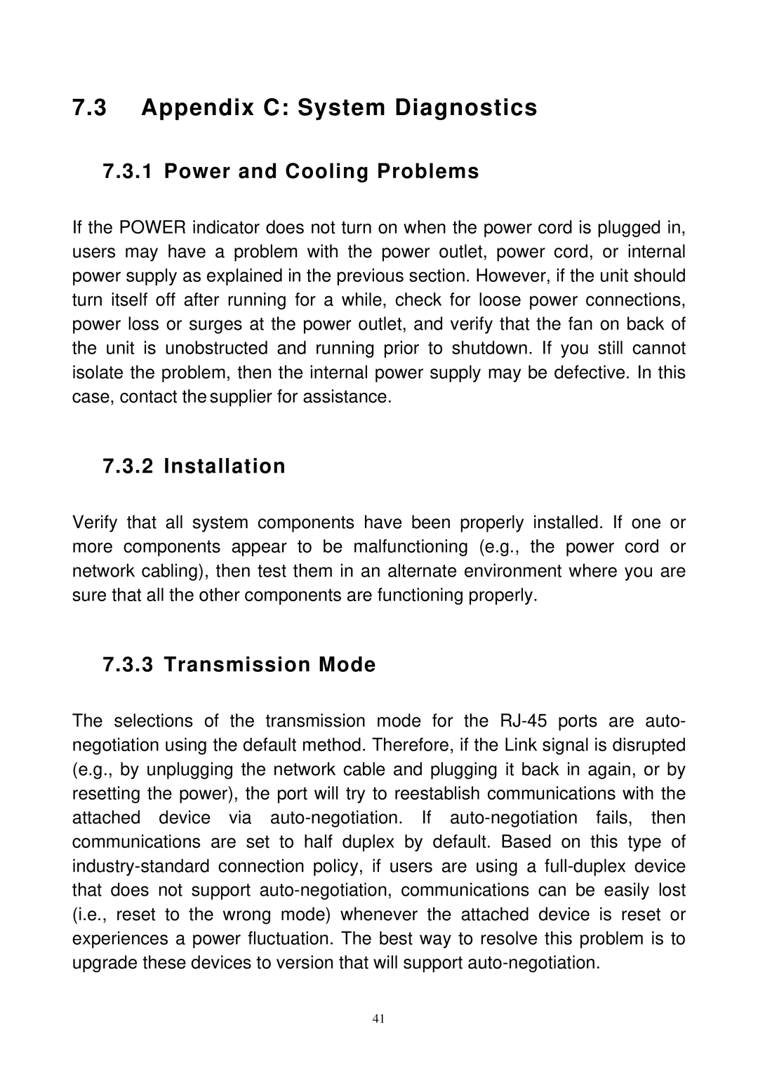 MicroNet Technology SP3508A Appendix C System Diagnostics, Power and Cooling Problems, Installation, Transmission Mode 