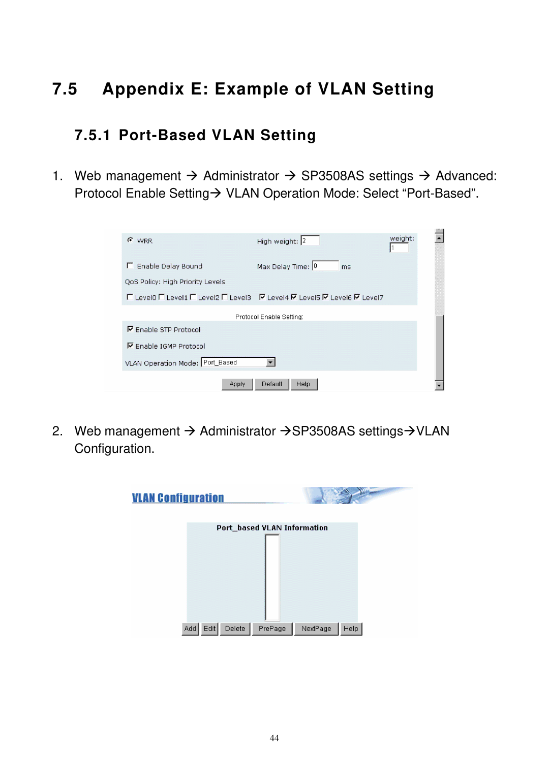 MicroNet Technology SP3508A manual Appendix E Example of Vlan Setting, Port-Based Vlan Setting 