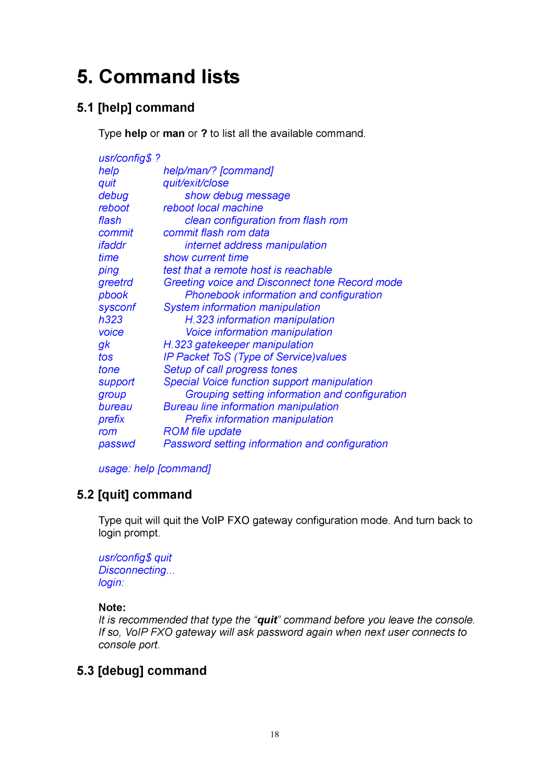 MicroNet Technology SP5050 Command lists, Help command, Quit command, Debug command, Usr/config$ quit Disconnecting Login 