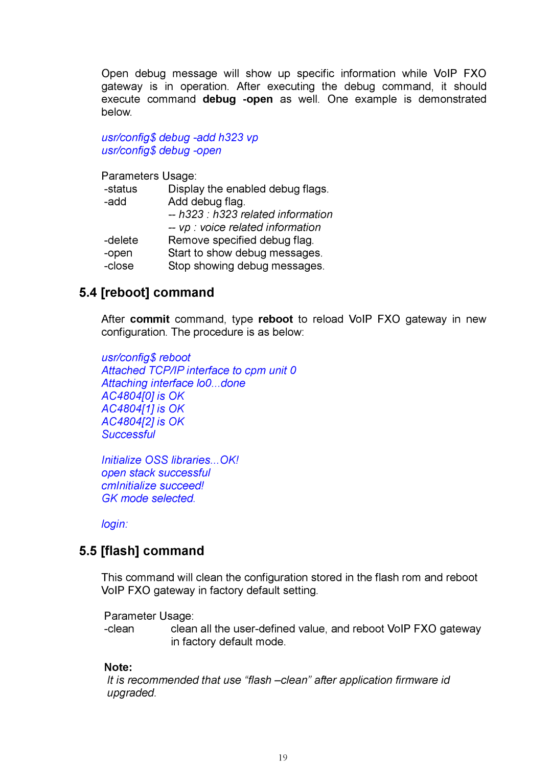 MicroNet Technology SP5052, SP5050 Reboot command, Flash command, Usr/config$ debug -add h323 vp usr/config$ debug -open 