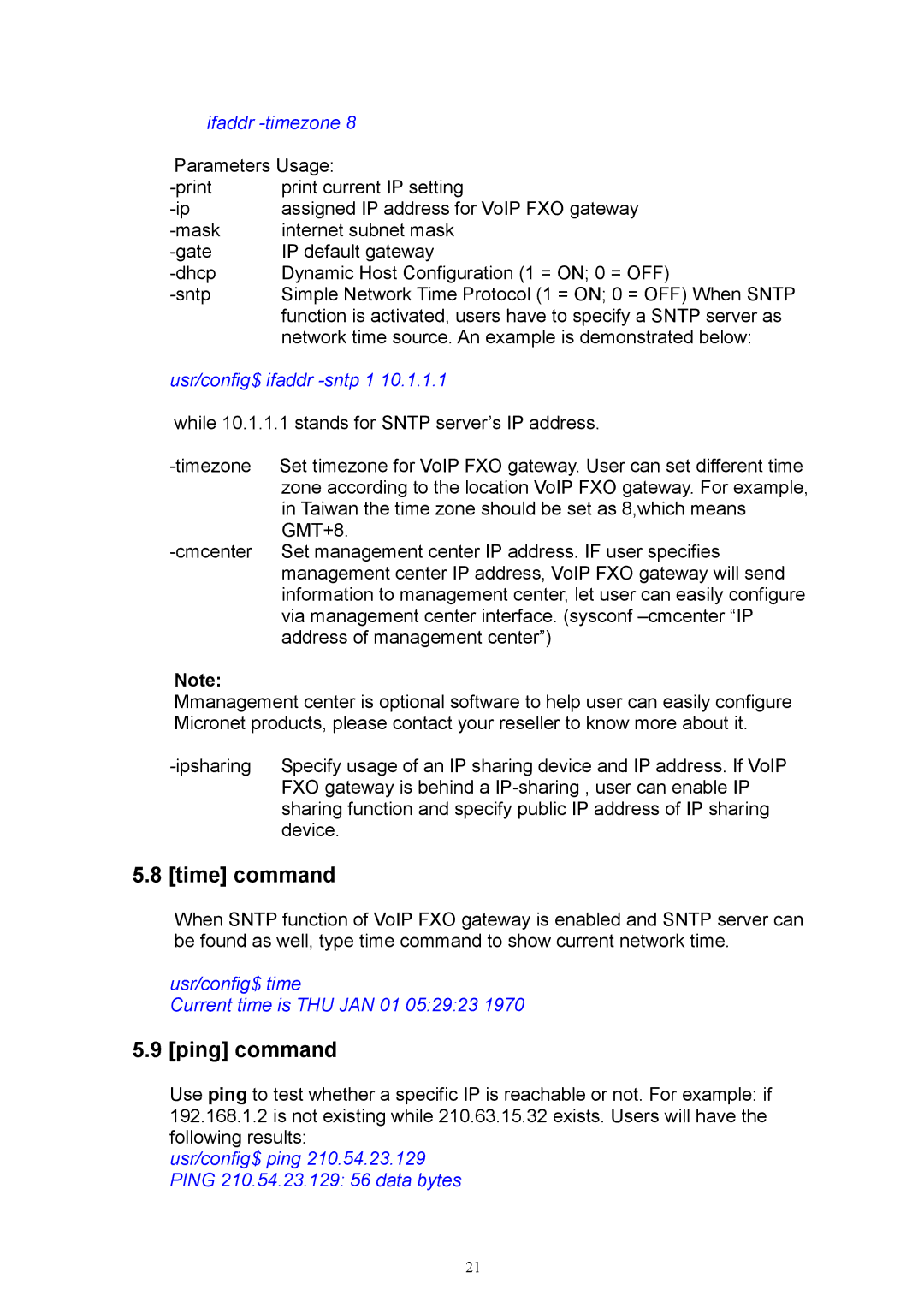 MicroNet Technology SP5050, SP5052, SP5054 Time command, Ping command, Ifaddr -timezone, Usr/config$ ifaddr -sntp 1 