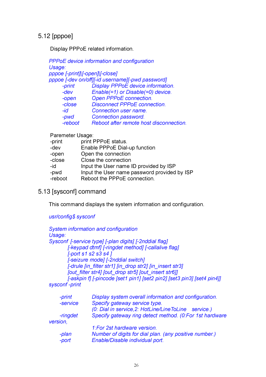 MicroNet Technology SP5054, SP5050, SP5052 user manual Pppoe, Sysconf command 