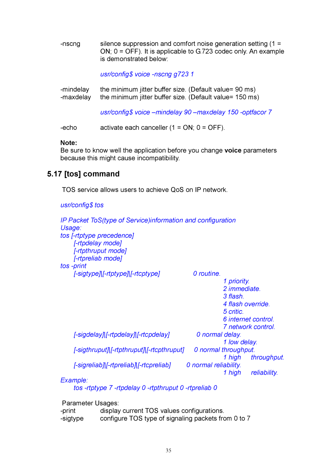 MicroNet Technology SP5054, SP5050, SP5052 user manual Tos command, Usr/config$ voice -nscng g723 