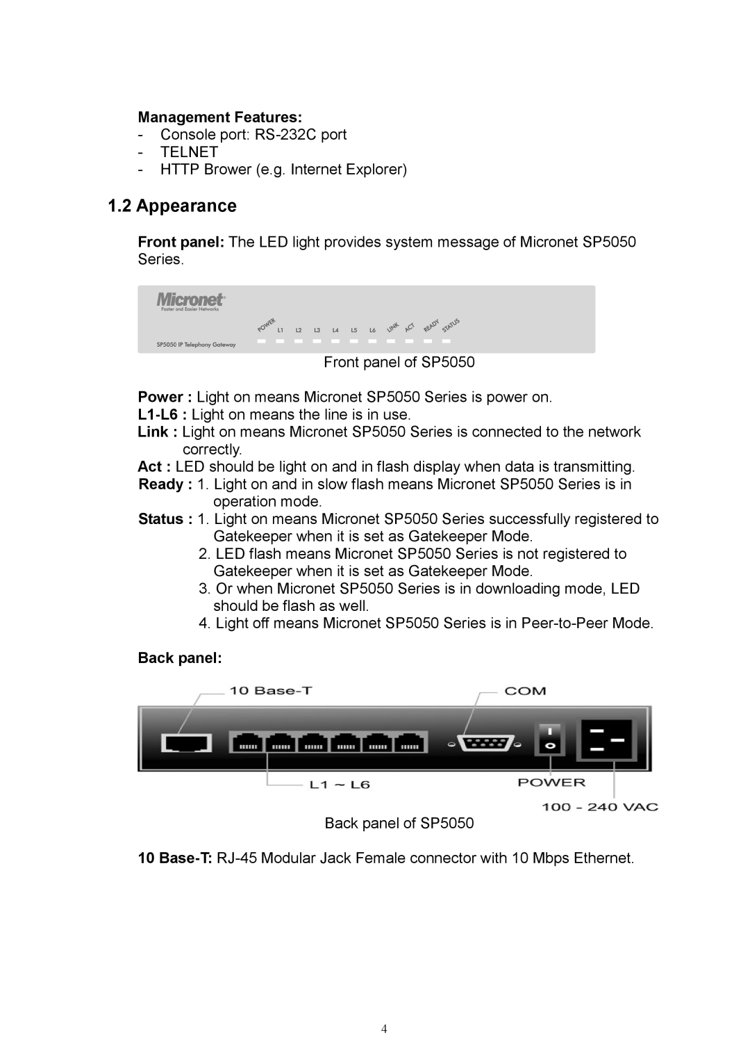 MicroNet Technology SP5052, SP5050, SP5054 user manual Appearance, Management Features, Back panel 