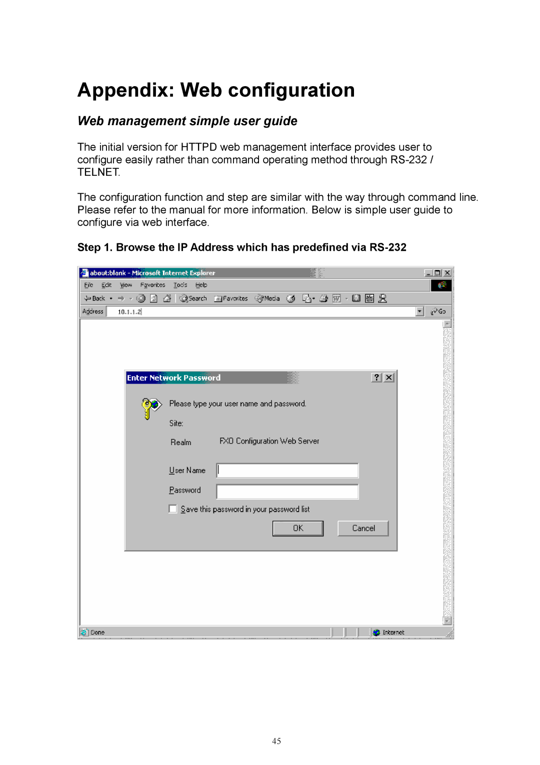 MicroNet Technology SP5050, SP5052 Appendix Web configuration, Browse the IP Address which has predefined via RS-232 