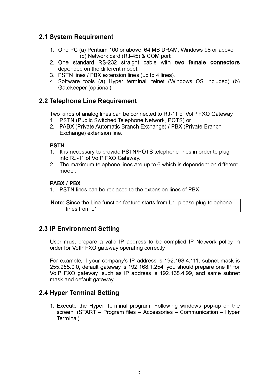 MicroNet Technology SP5052 System Requirement, Telephone Line Requirement, IP Environment Setting, Hyper Terminal Setting 