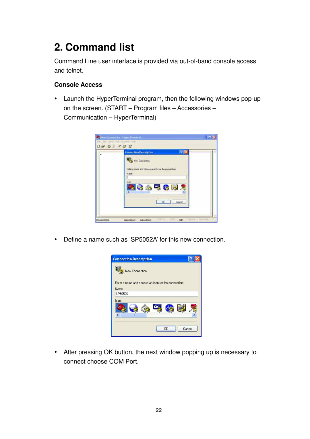 MicroNet Technology SP5054A/S, SP5052A/S user manual Command list, Console Access 