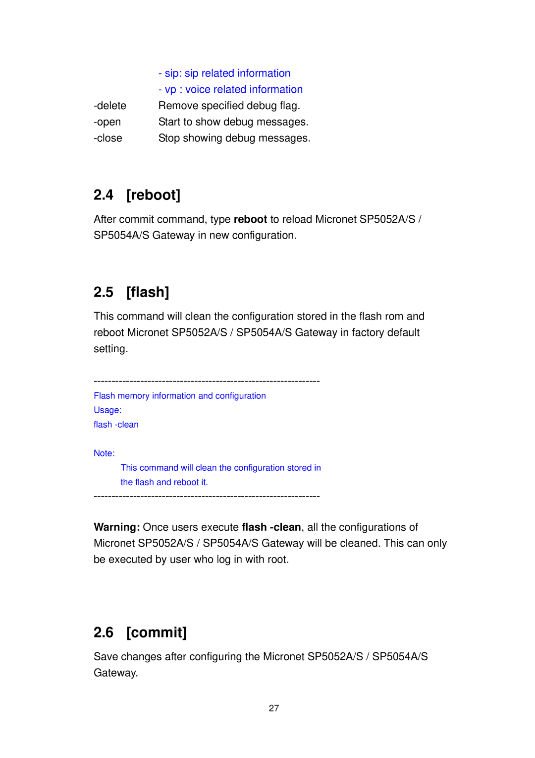 MicroNet Technology SP5052A/S, SP5054A/S user manual Reboot, Flash, Commit 