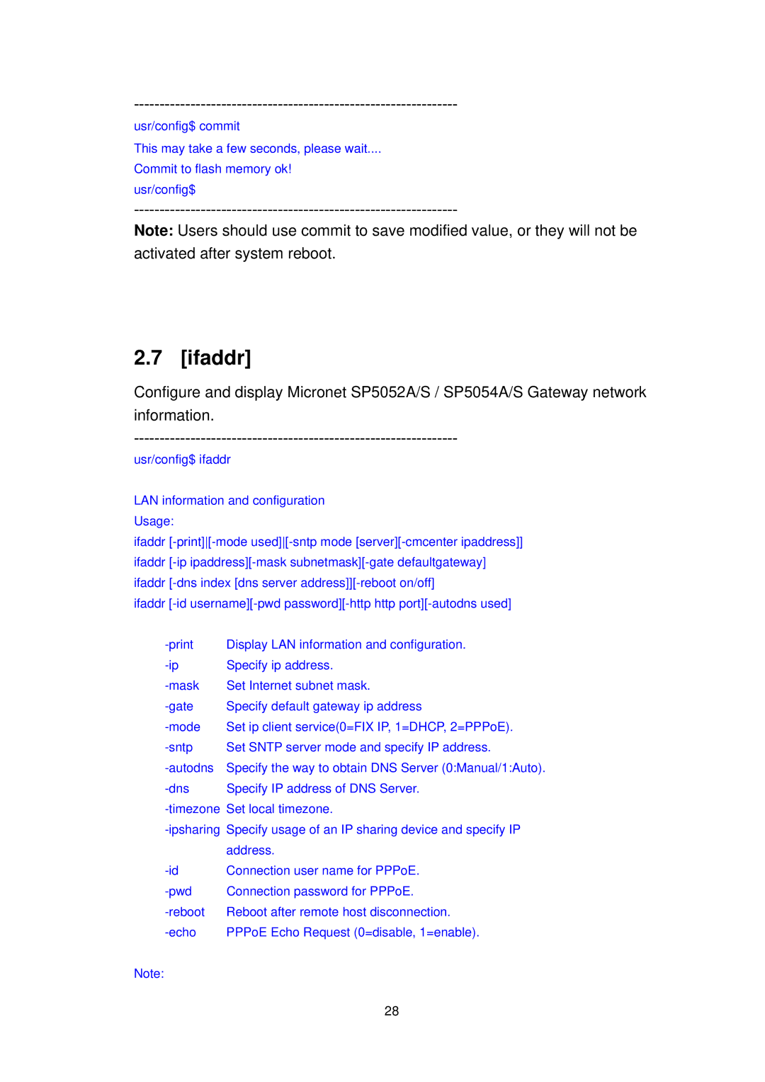 MicroNet Technology SP5054A/S, SP5052A/S user manual Ifaddr, Usr/config$ ifaddr LAN information and configuration Usage 