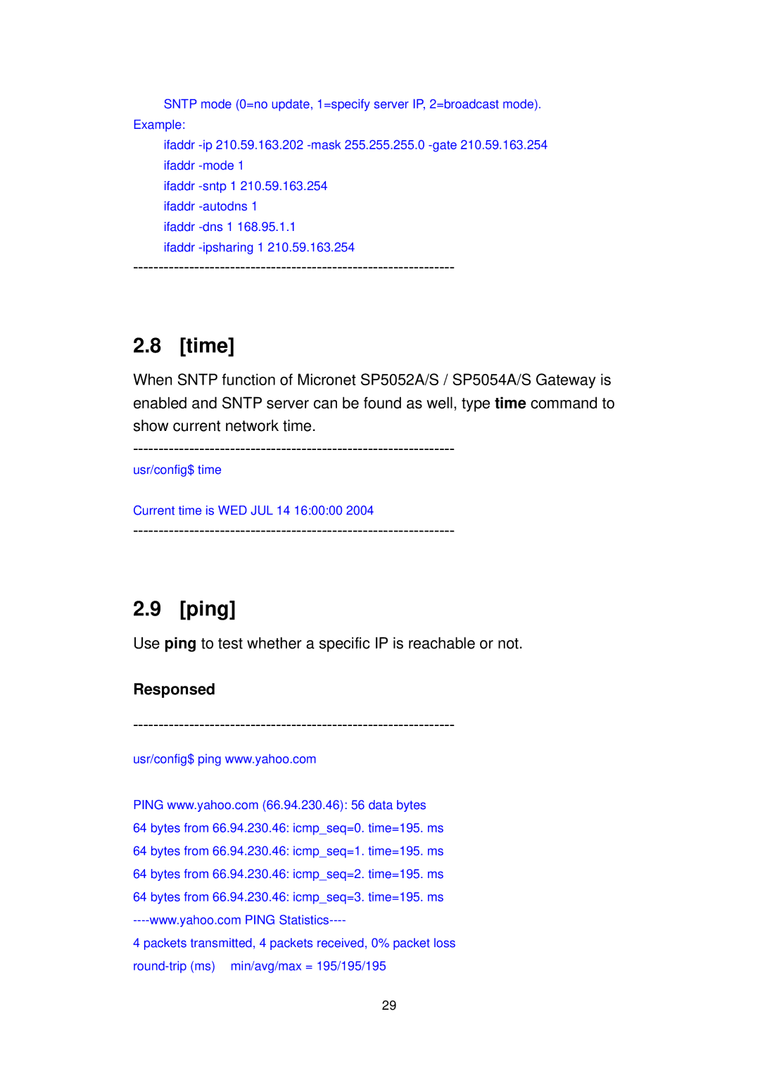 MicroNet Technology SP5052A/S, SP5054A/S user manual Time, Ping, Responsed 