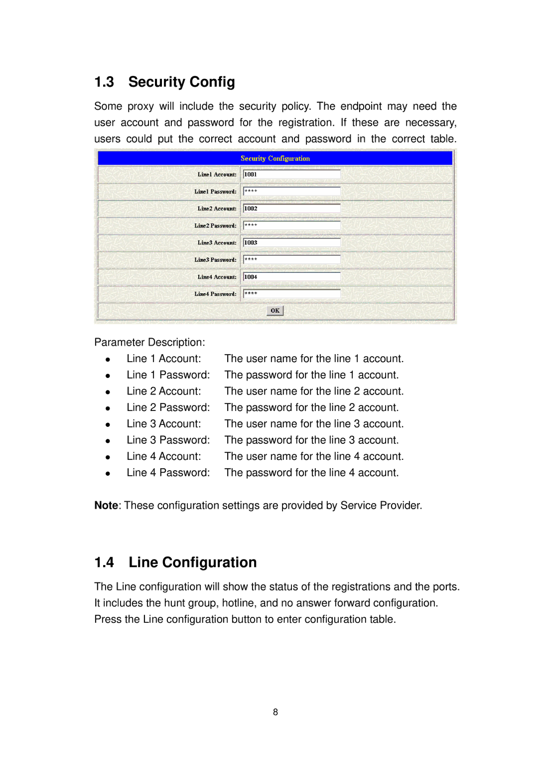 MicroNet Technology SP5054A/S, SP5052A/S user manual Security Config, Line Configuration 