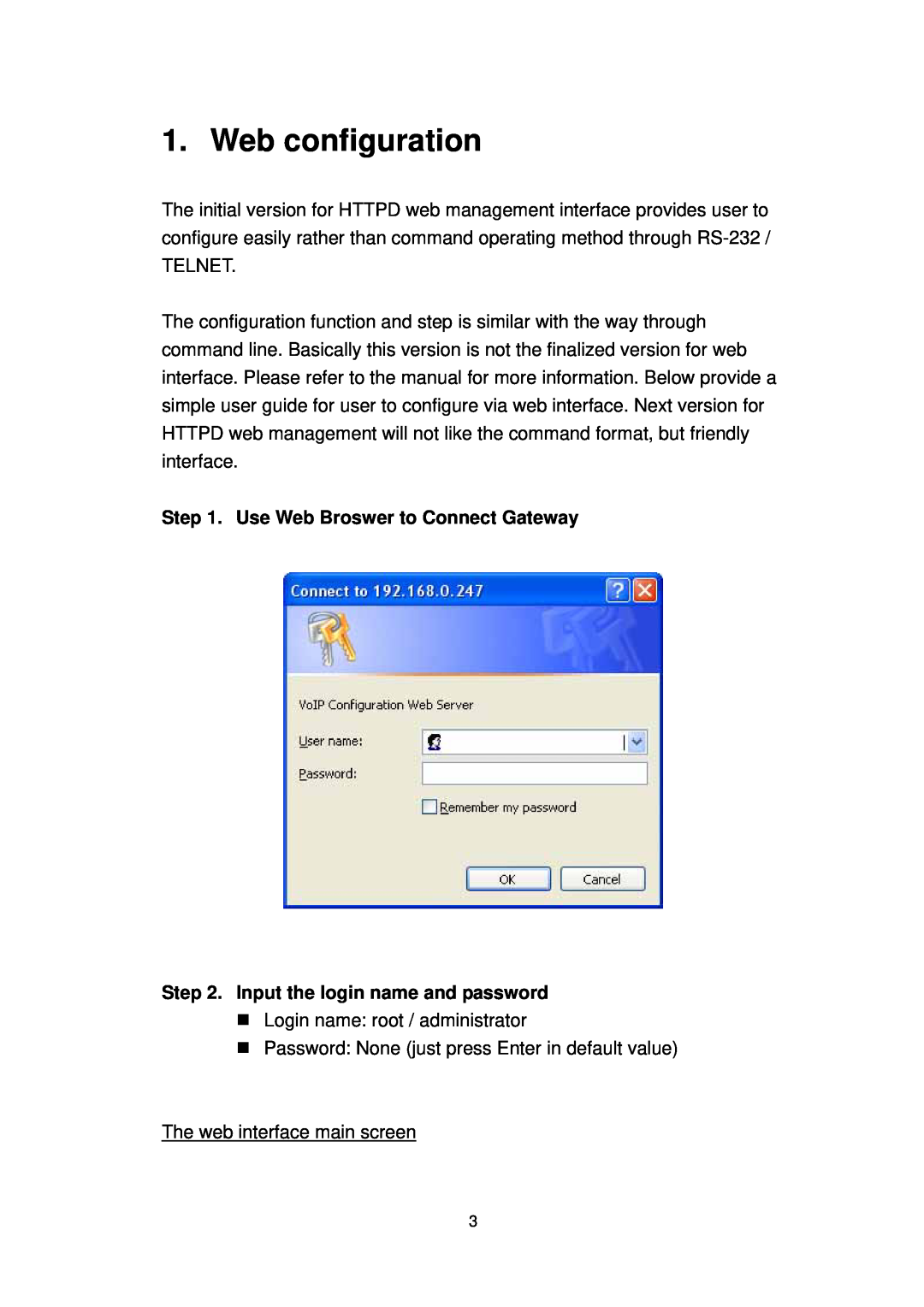 MicroNet Technology SP5052A/S Web configuration, Use Web Broswer to Connect Gateway, Input the login name and password 