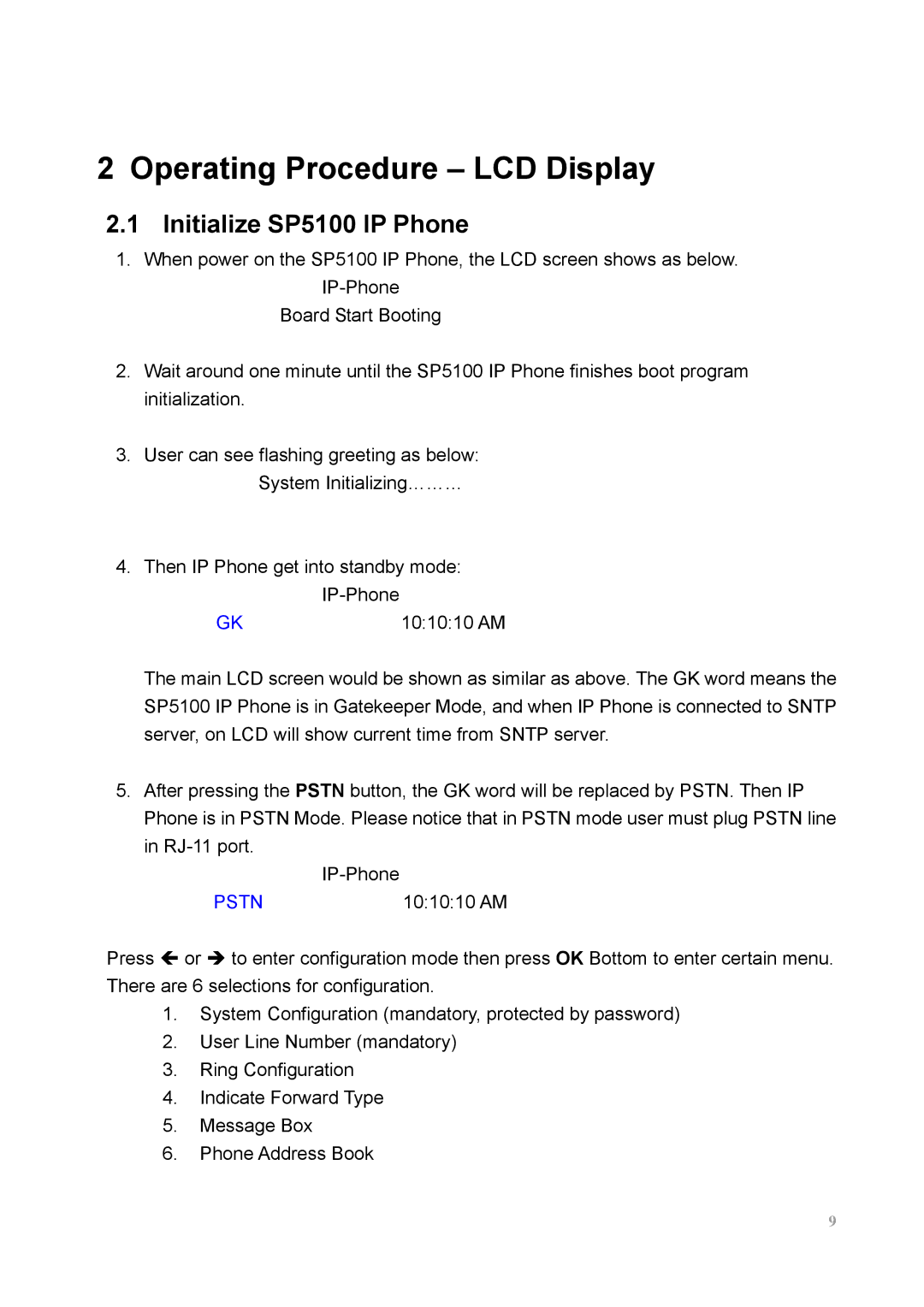 MicroNet Technology user manual Operating Procedure LCD Display, Initialize SP5100 IP Phone 