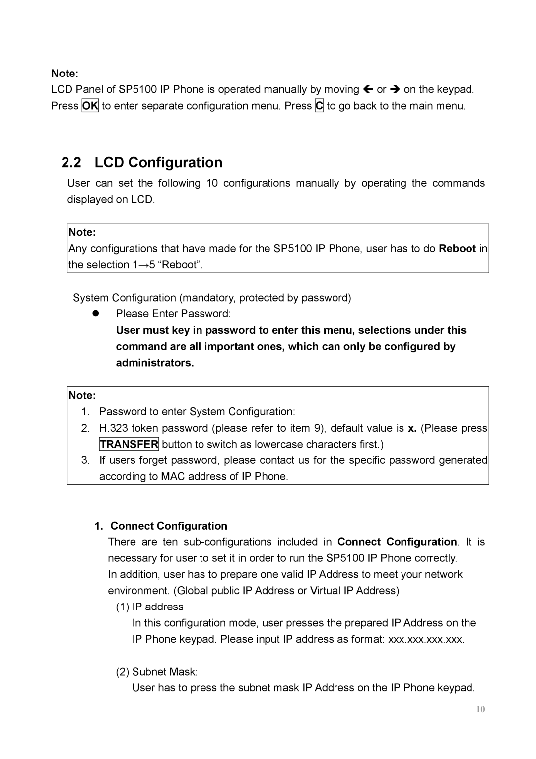 MicroNet Technology SP5100 user manual LCD Configuration, Connect Configuration 