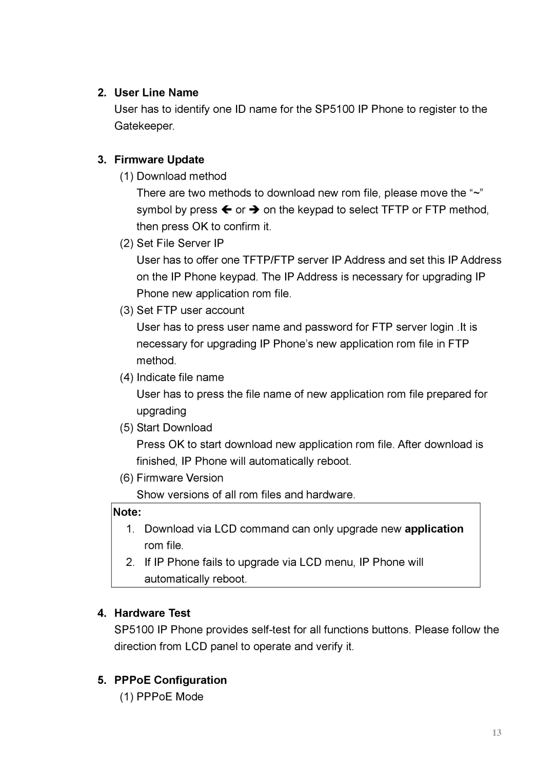 MicroNet Technology SP5100 user manual User Line Name, Firmware Update, Hardware Test, PPPoE Configuration 