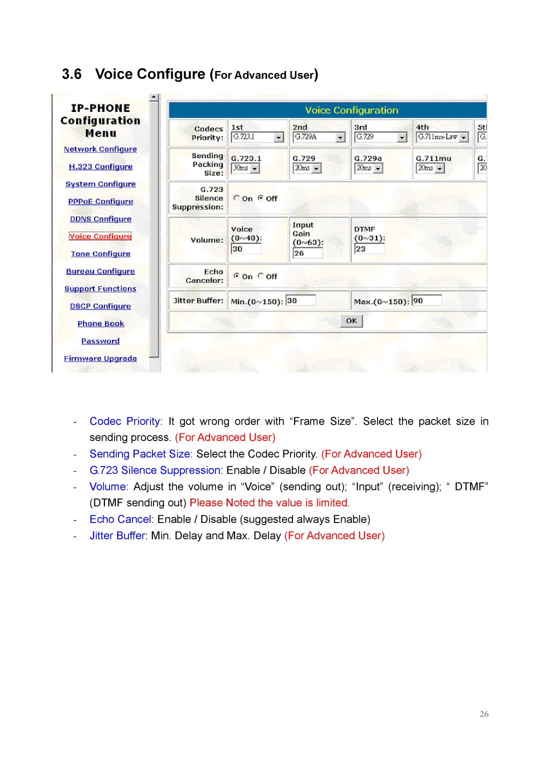 MicroNet Technology SP5100 Voice Configure For Advanced User, Silence Suppression Enable / Disable For Advanced User 