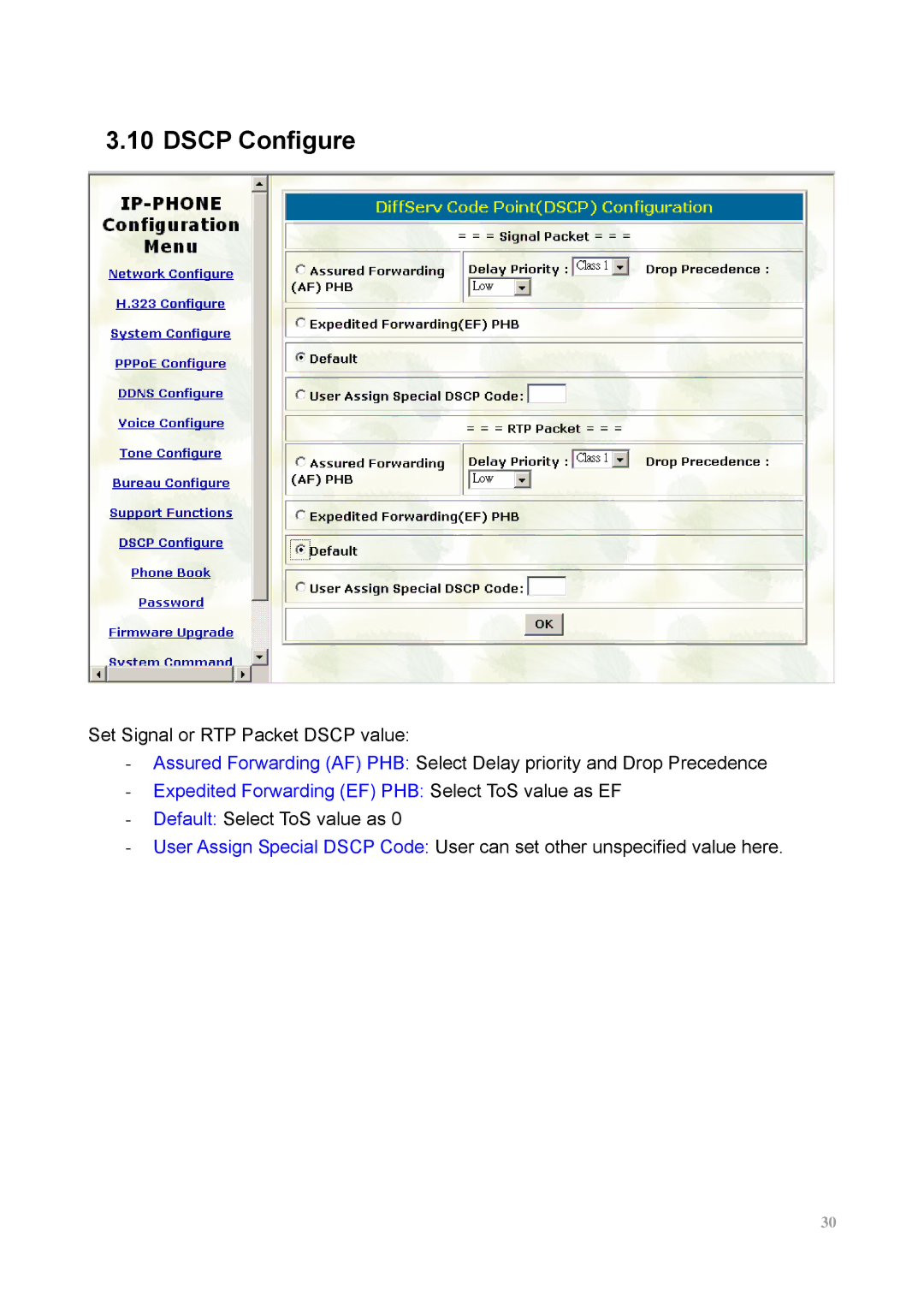 MicroNet Technology SP5100 user manual Dscp Configure, Expedited Forwarding EF PHB Select ToS value as EF 