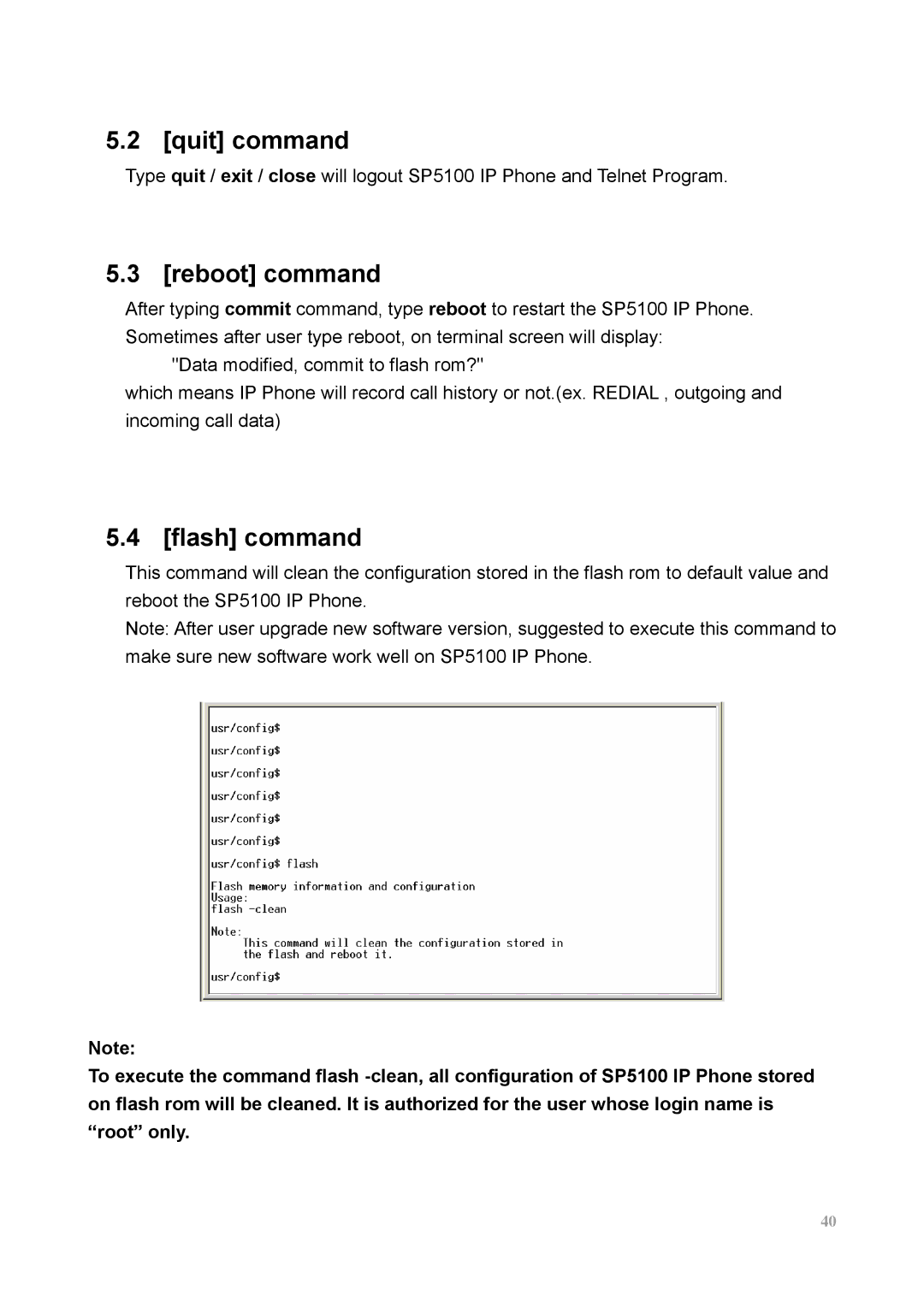 MicroNet Technology SP5100 user manual Quit command, Reboot command, Flash command 