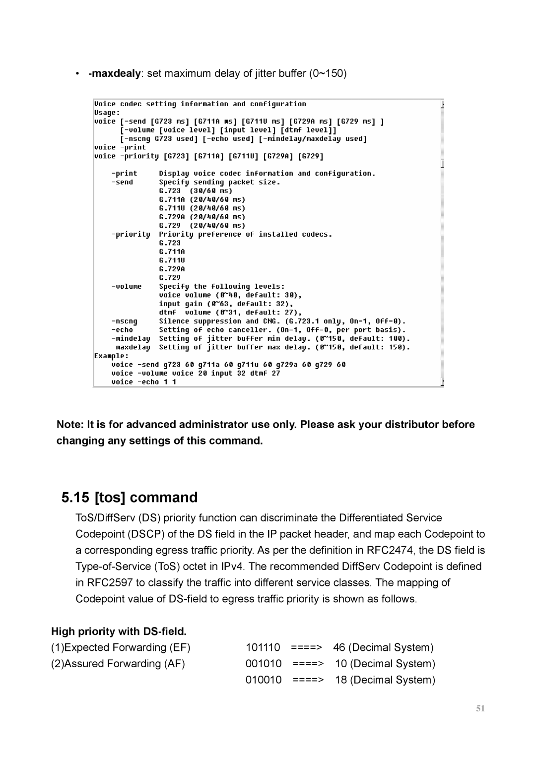 MicroNet Technology SP5100 user manual Tos command, High priority with DS-field 