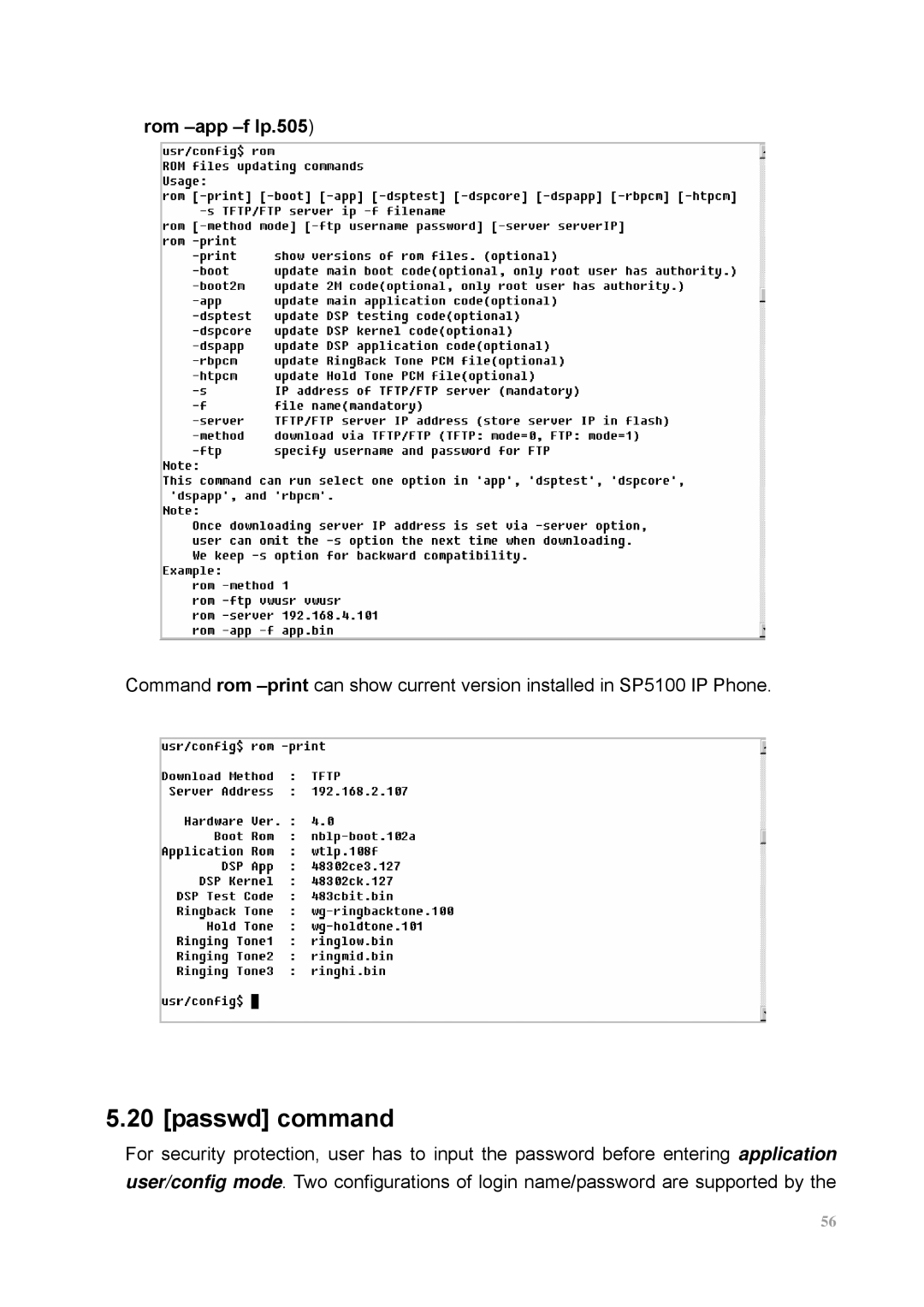 MicroNet Technology SP5100 user manual Passwd command, Rom -app -f lp.505 