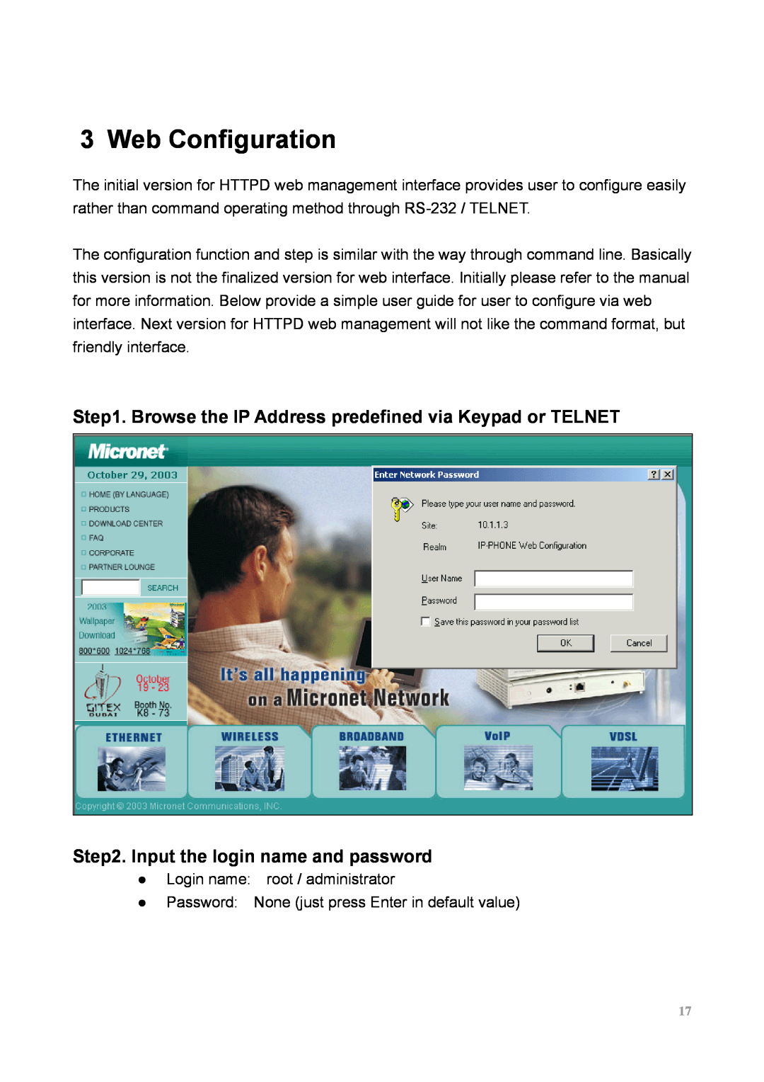 MicroNet Technology SP5100 user manual Web Configuration, Browse the IP Address predefined via Keypad or TELNET 