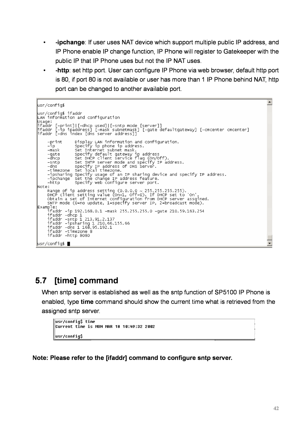 MicroNet Technology SP5100 user manual time command, Note Please refer to the ifaddr command to configure sntp server 