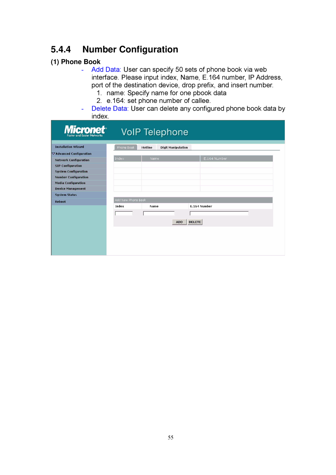 MicroNet Technology SP5101 manual Number Configuration, Phone Book 