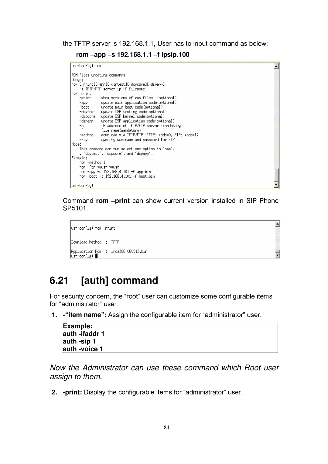 MicroNet Technology SP5101 manual Auth command, Rom -app -s 192.168.1.1 -f lpsip.100 