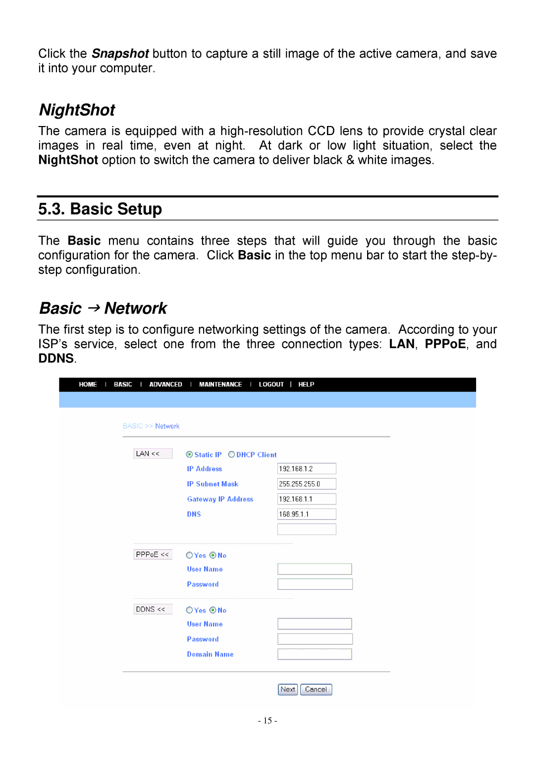 MicroNet Technology SP5530 user manual NightShot, Basic Setup, Basic J Network 