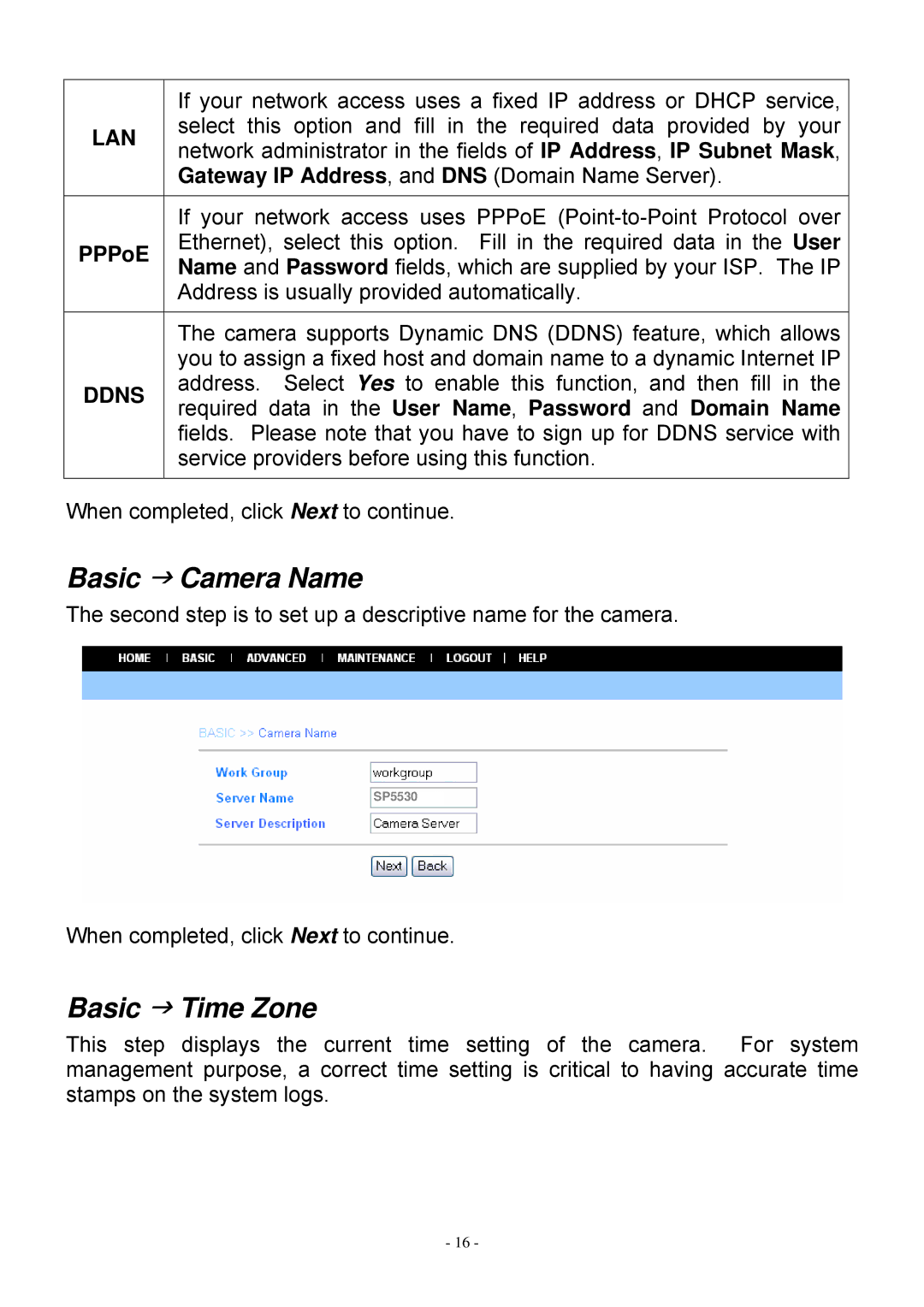 MicroNet Technology SP5530 user manual Basic J Camera Name, Basic J Time Zone 