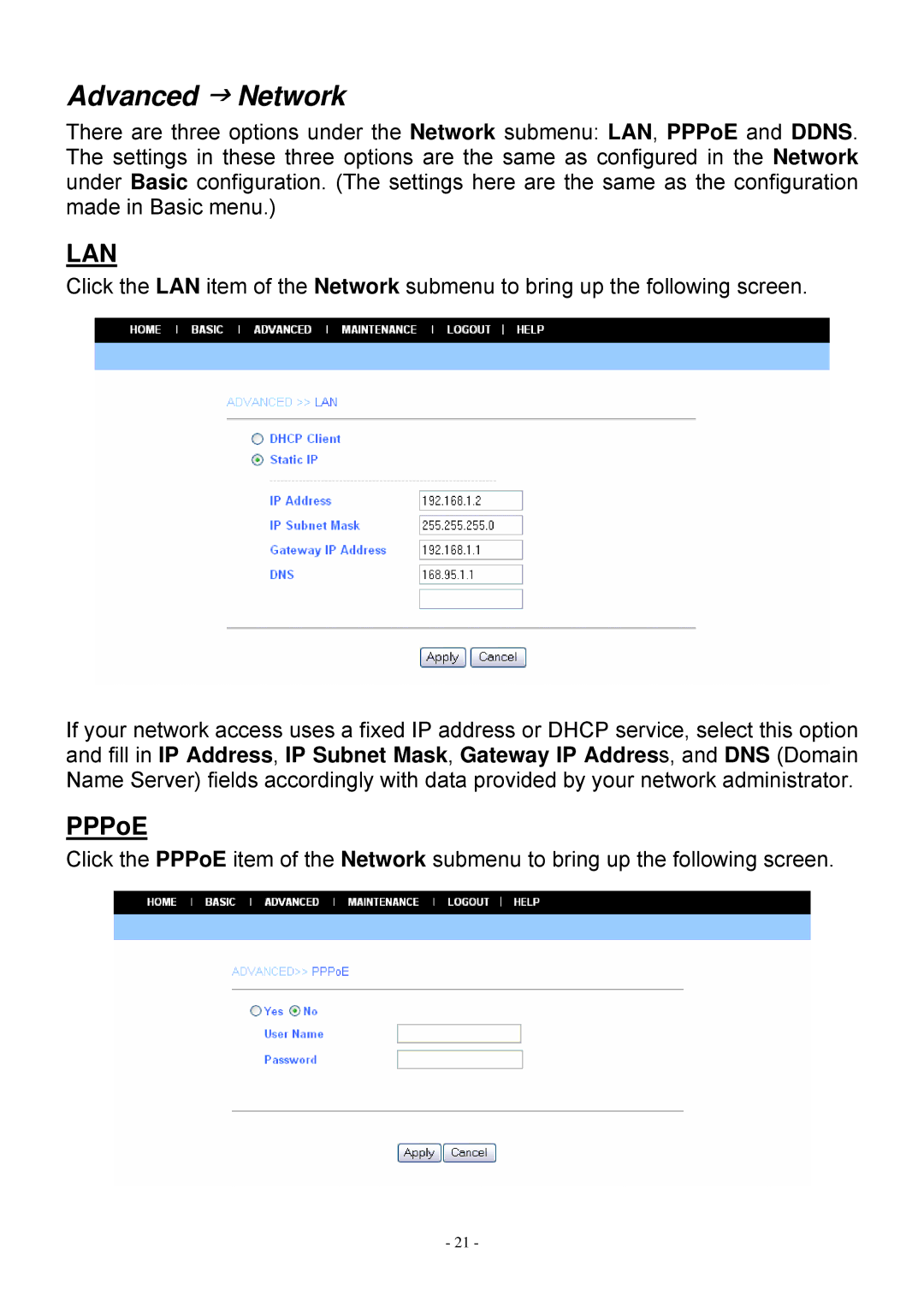 MicroNet Technology SP5530 user manual Advanced J Network, PPPoE 