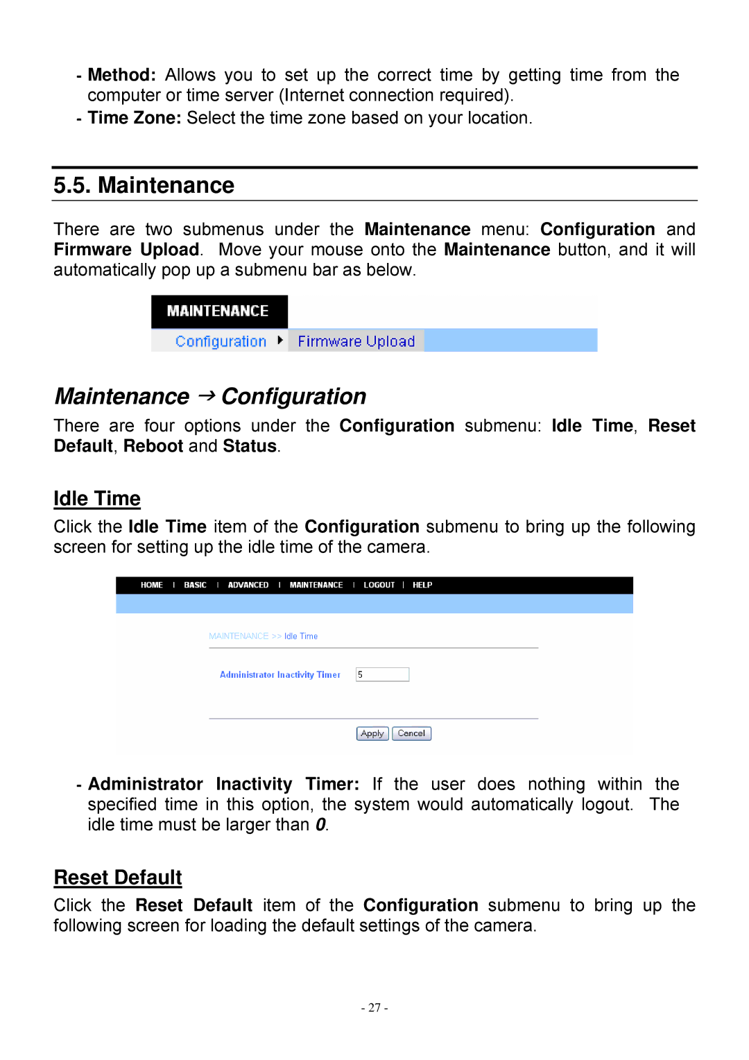 MicroNet Technology SP5530 user manual Maintenance J Configuration, Idle Time, Reset Default 