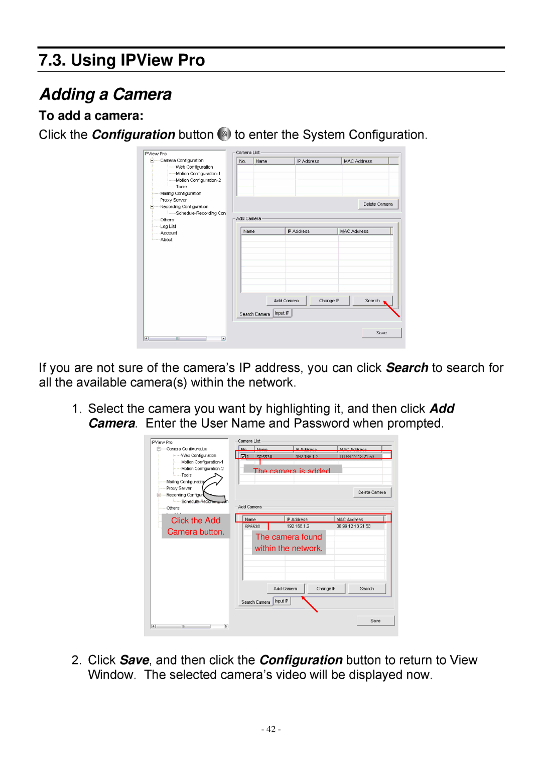 MicroNet Technology SP5530 user manual Using IPView Pro, Adding a Camera, To add a camera 