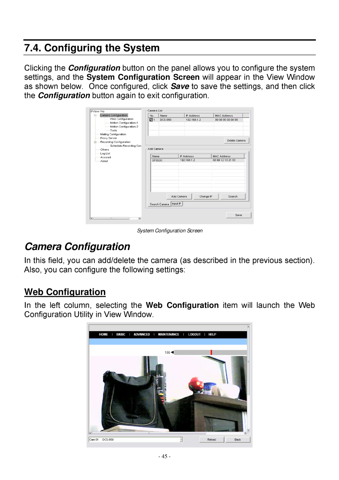 MicroNet Technology SP5530 user manual Configuring the System, Camera Configuration, Web Configuration 