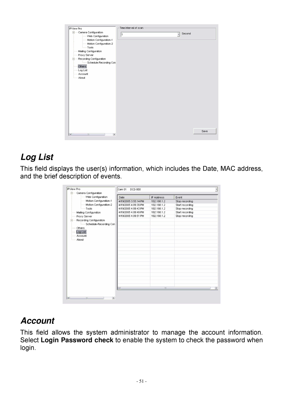 MicroNet Technology SP5530 user manual Log List, Account 