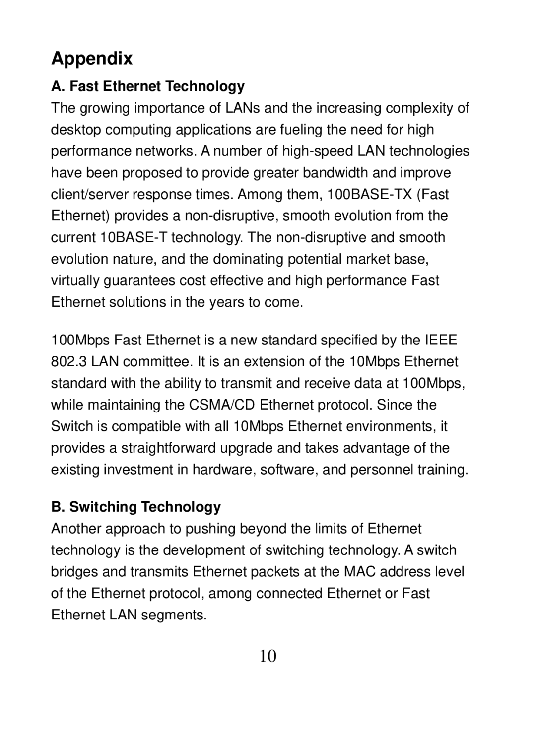 MicroNet Technology SP616R manual Appendix, Fast Ethernet Technology, Switching Technology 