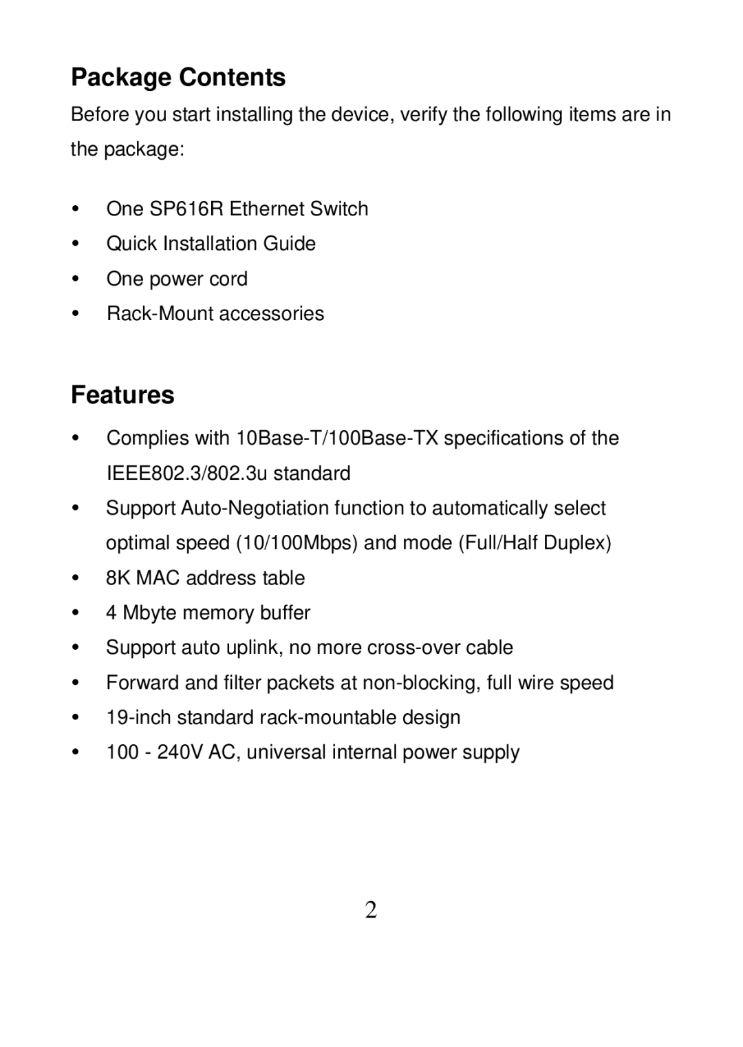 MicroNet Technology SP616R manual Package Contents, Features 