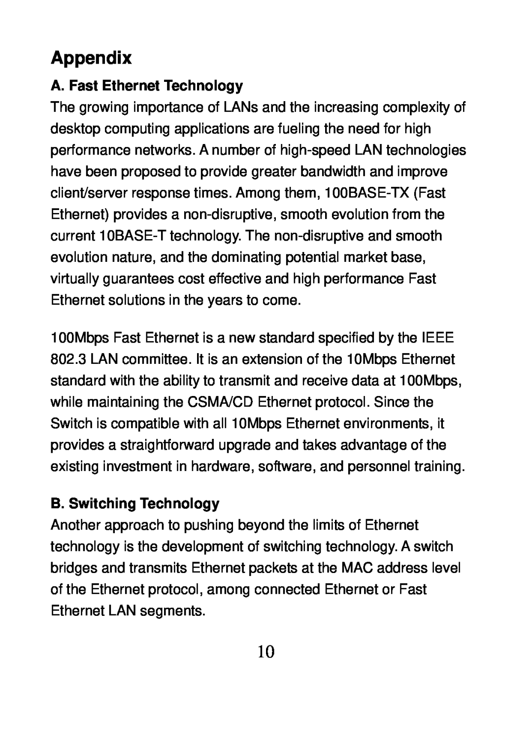 MicroNet Technology SP616R manual Appendix, A. Fast Ethernet Technology, B. Switching Technology 