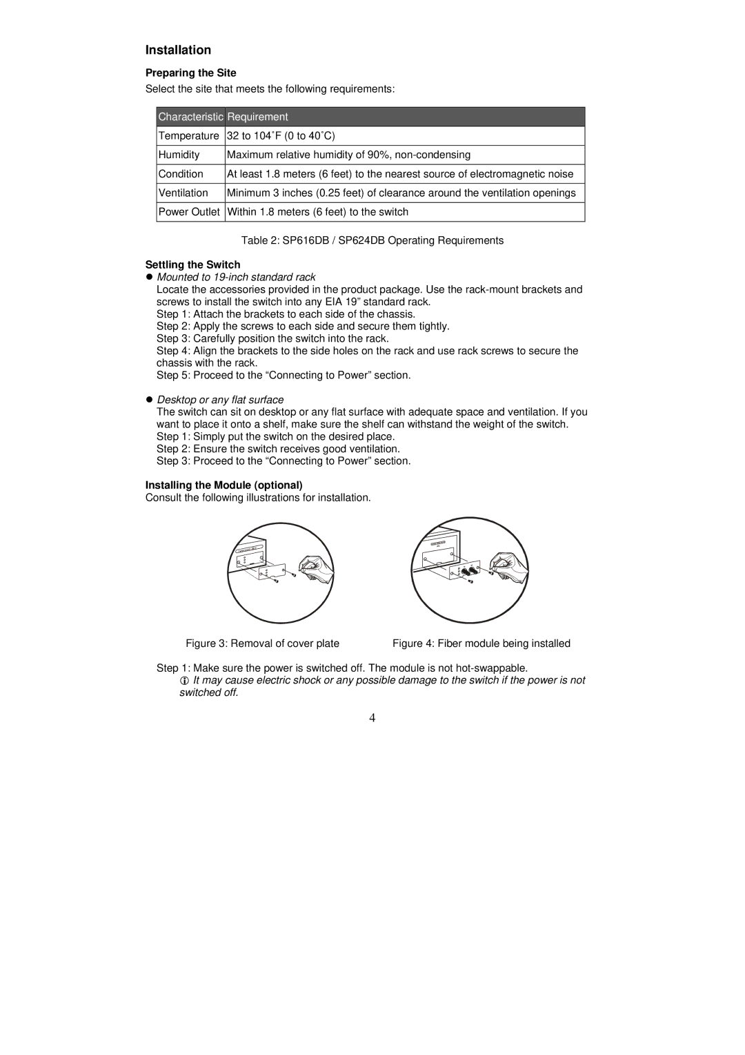 MicroNet Technology SP624DB, SP616DB Installation, Preparing the Site, Settling the Switch, Installing the Module optional 