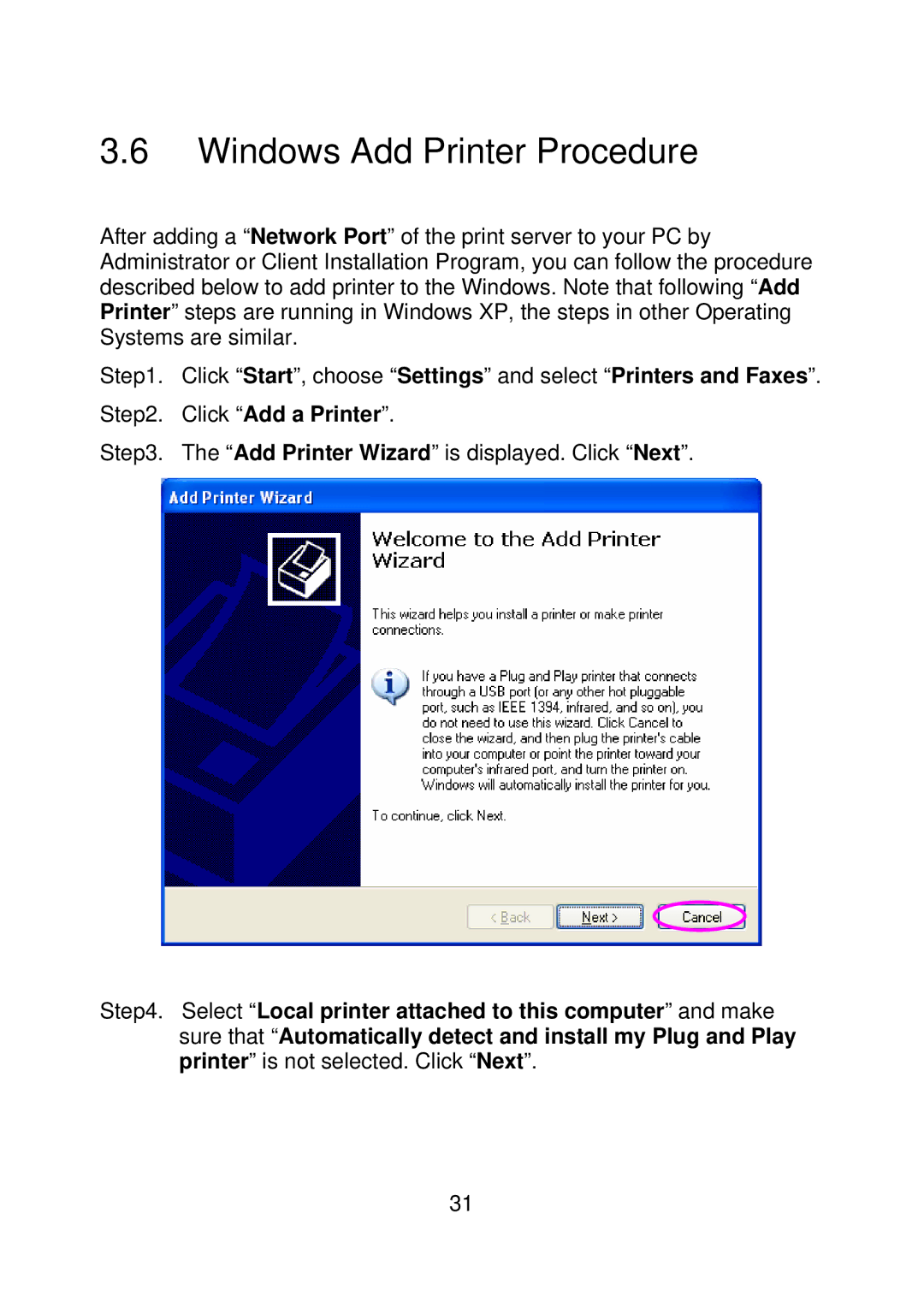 MicroNet Technology SP756, SP755D user manual Windows Add Printer Procedure 