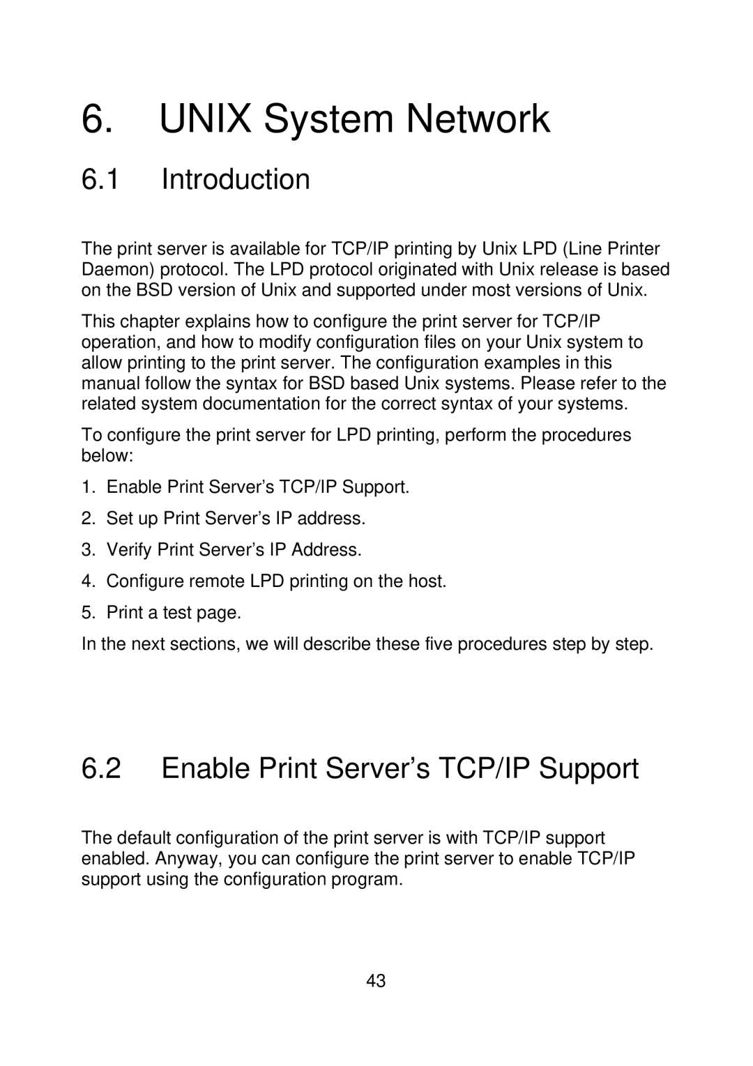 MicroNet Technology SP756, SP755D user manual Unix System Network, Introduction, Enable Print Server’s TCP/IP Support 