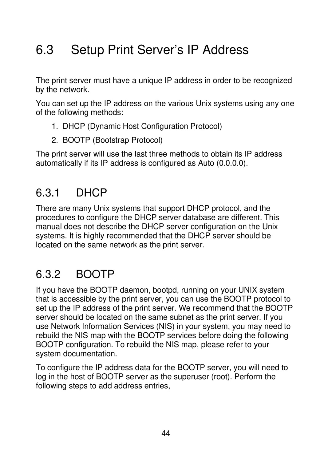 MicroNet Technology SP755D, SP756 user manual Setup Print Server’s IP Address, Dhcp, Bootp 