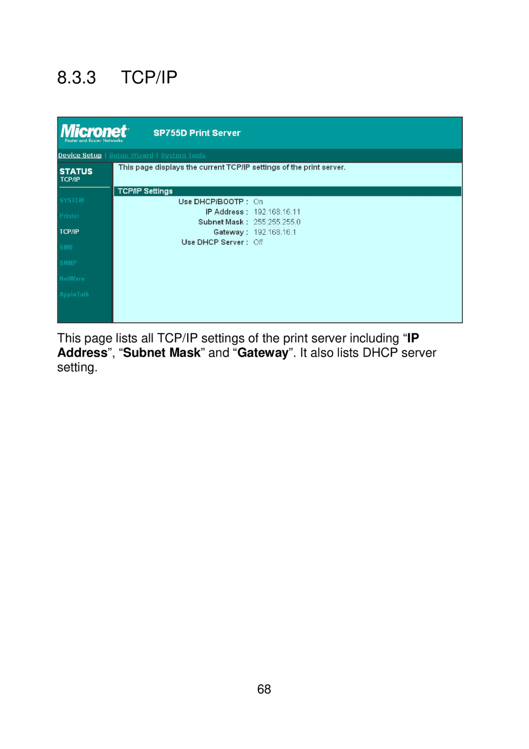 MicroNet Technology SP755D, SP756 user manual 3 TCP/IP 