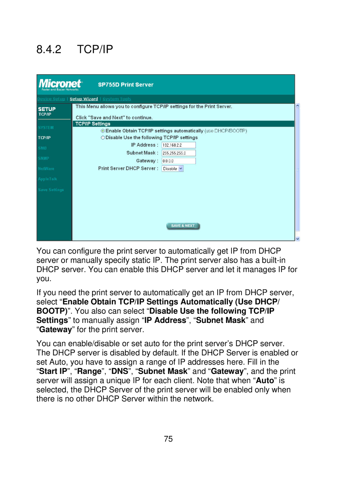 MicroNet Technology SP756, SP755D user manual 2 TCP/IP 