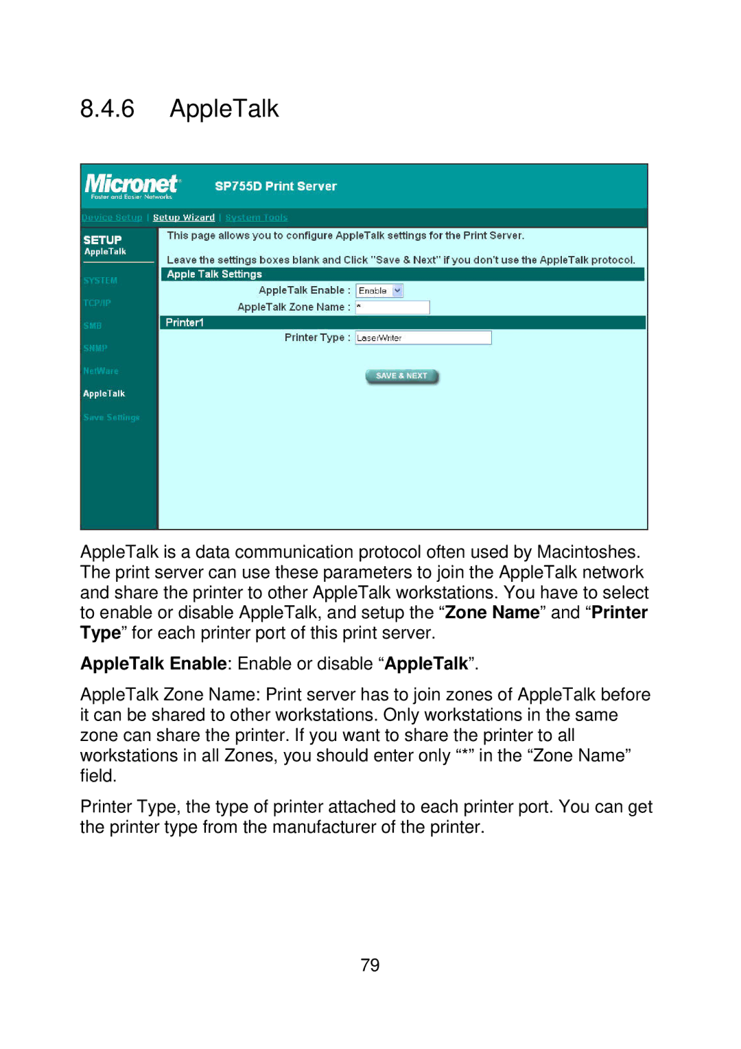 MicroNet Technology SP756, SP755D user manual AppleTalk Enable Enable or disable AppleTalk 